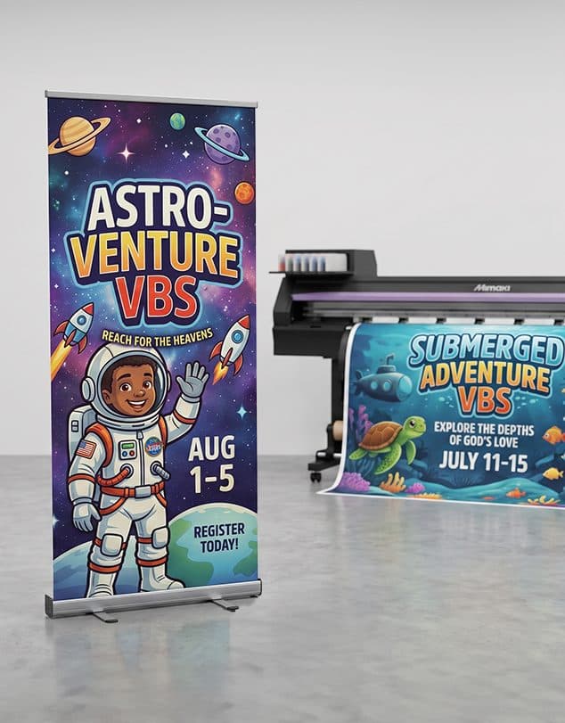 Professional retractable banner stand with vibrant graphics in a print shop.