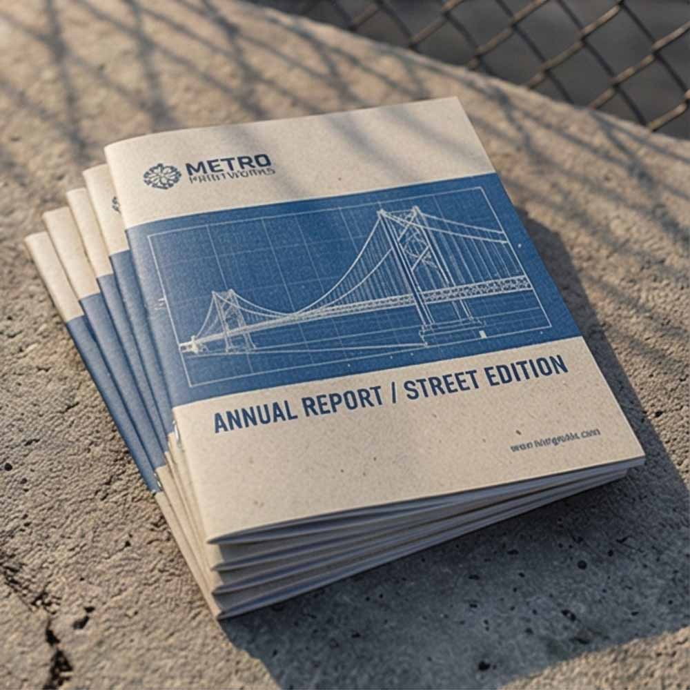 Stack of printed booklets with a bridge blueprint cover design, fanned out on concrete.