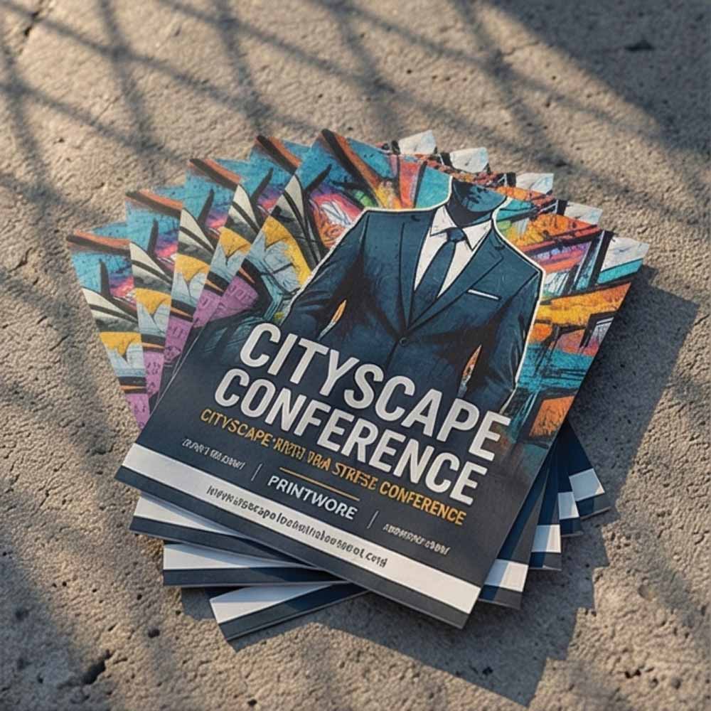 Stack of colorful conference flyers with bold typography and artwork.
