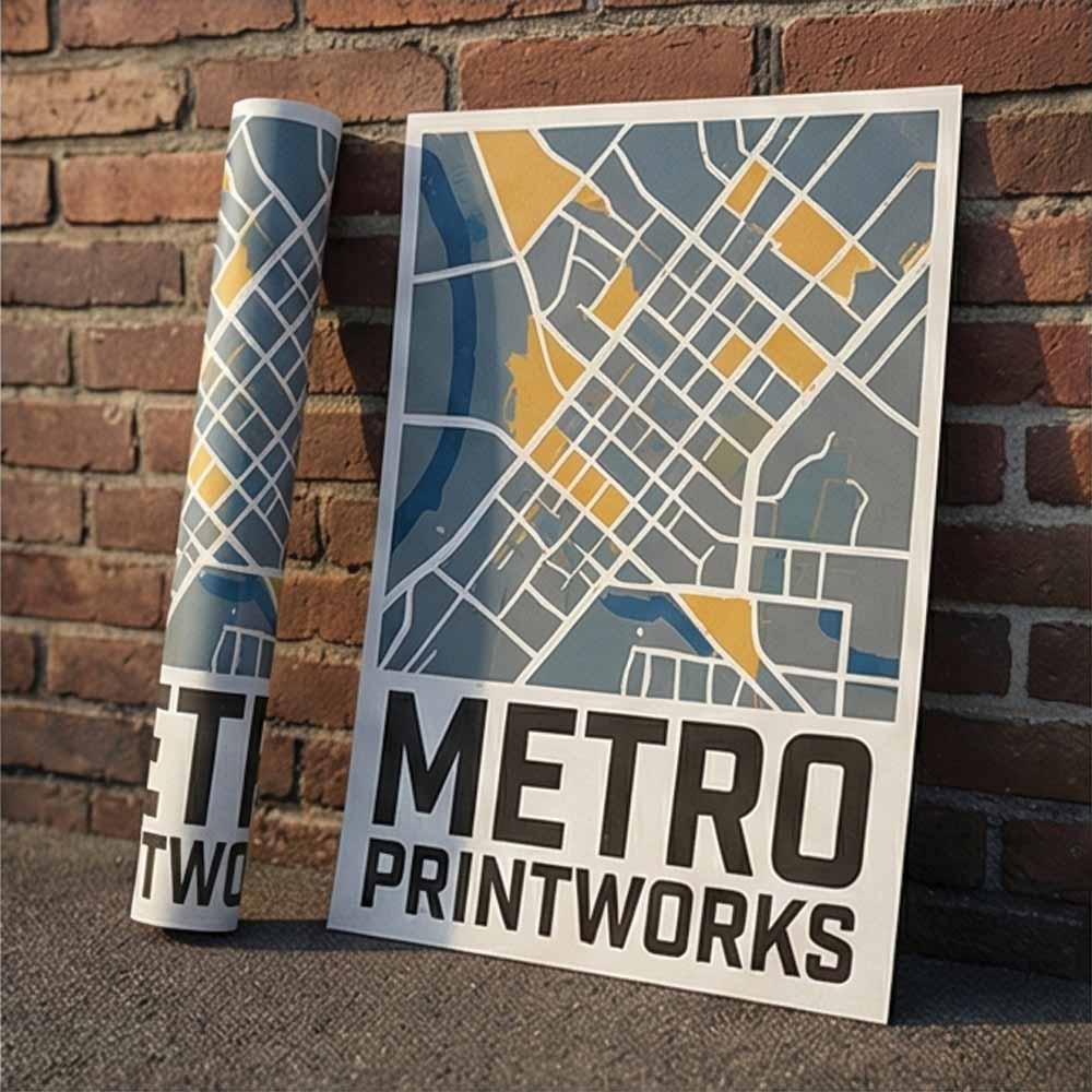 Rolled and flat posters leaning against a brick wall with a stylized city map design.